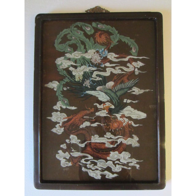 Asian Antique 1930s Chinese Dragon Painted Glass Colored Flowers White Clouds Brown Wood Frame Brass Hanging Hardware For Sale - Image 3 of 14