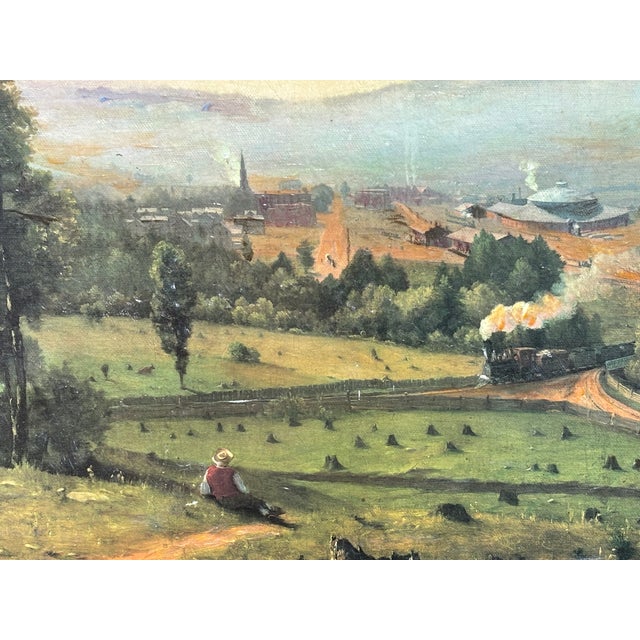 View from the Hill Very well executed and preserved original oil on canvas landscape of a European, English or American...