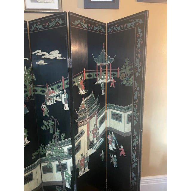 Antique 1920s Chinoiserie floor screen with six panels, each 16" or 96" wide