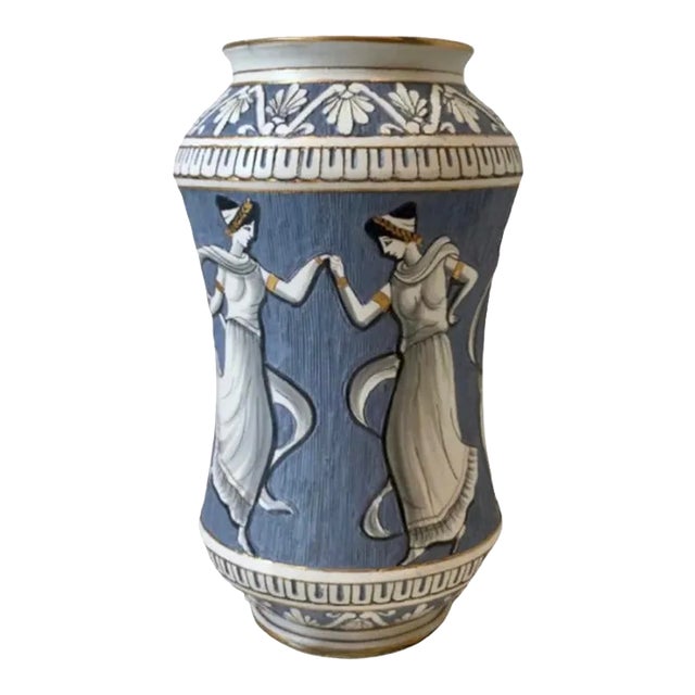 Vintage Hand Painted Italian Majolica Blue & White Neoclassical Vase, Made in Deruta, Italy, in the Manner of Samuel Alcock For Sale
