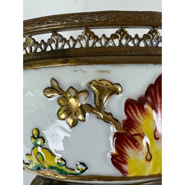 Vintage French "N" Mark Footed Cherub Bowl With Ormolu Trim & Floral Interior | Two Handled | Blue Crowned N For Sale - Image 13 of 13