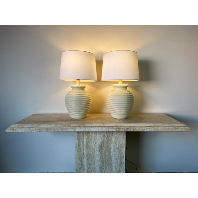1980s 80's Postmodern -Style Ribbed Design Plaster Table Lamps - a Pair For Sale - Image 5 of 11