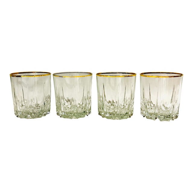 Stunning Vintage Gold Rimmed Cut Glass Whiskey Set of 4, Double Old Fashion Glasses For Sale