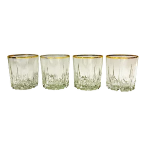 Stunning Vintage Gold Rimmed Cut Glass Whiskey Set of 4, Double Old Fashion Glasses
