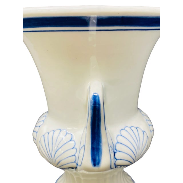 Blue Vintage Blue and White Ceramic Handled Urn With Seashells For Sale - Image 8 of 10