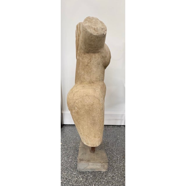 1970s Monumental 25” Cycladic Style Carved Stone Torso Sculpture on Brutalist Concrete Base For Sale - Image 4 of 8