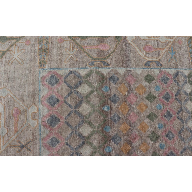 Measures: 10'4 x 14'1 Tribal Turkish Oushak Rug with Geometric Motifs in Soft Pastel and Olive Green. Keivan Woven Arts....