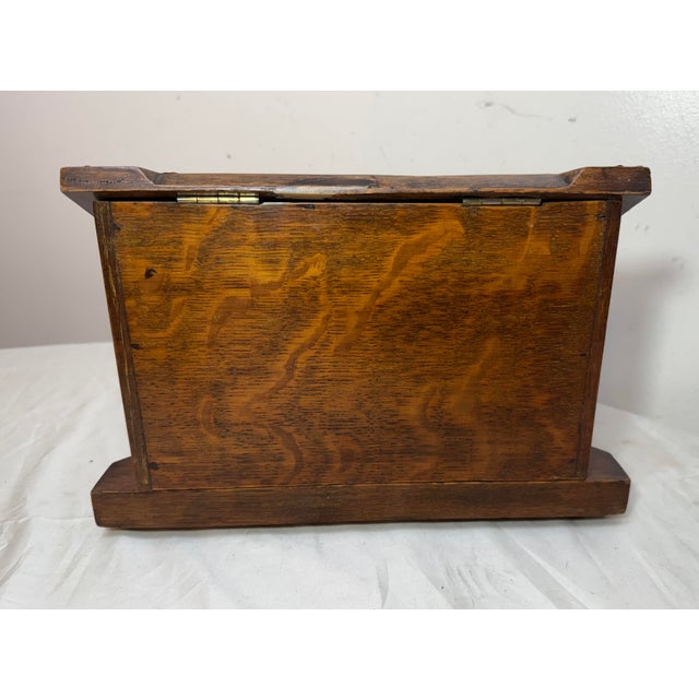 Antique 19th Century English Wood Oak Bronze Inkwell Desk Letter Writing Stand For Sale - Image 10 of 15