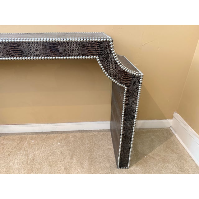 2020s Bernhardt Crocodile Embossed Leather Console Table With Nickel Nailhead Trim For Sale - Image 5 of 5