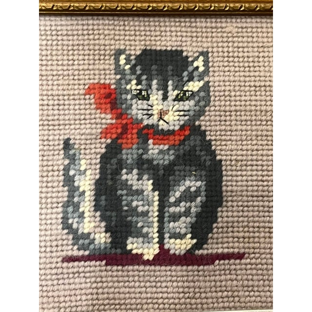 Pair Vintage Framed Needlepoint Cat Kitten Portraits With Bows For Sale - Image 4 of 8