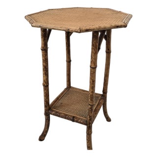 Vintage Bamboo Two-Tier Octagonal Side Table With Woven Rattan Shelves For Sale