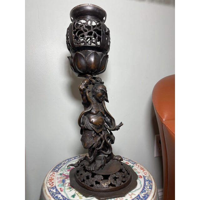 19th Century Antique Japanese Bronze Statue of a Oni Warrior Incense Burner For Sale - Image 5 of 11