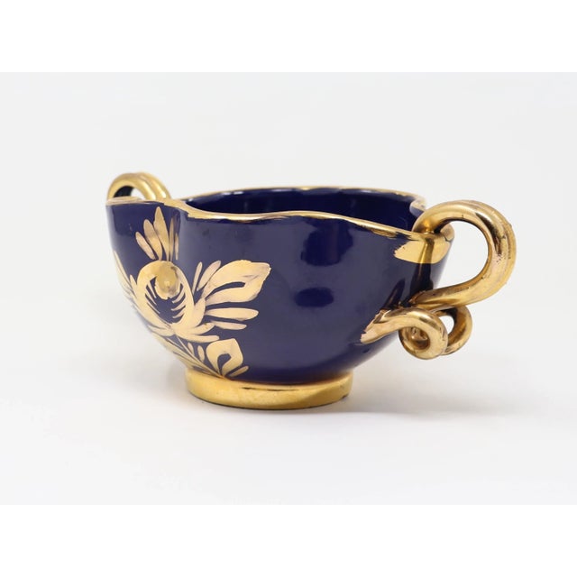 Vintage Italian Pottery Decorative Handled Bowl in Navy With Gold Decoration For Sale - Image 9 of 15