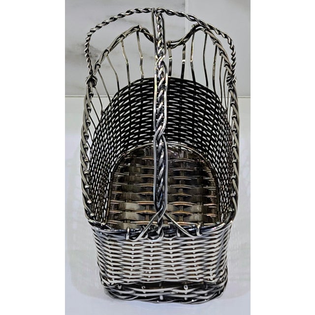 Late 20th Century Vintage Handmade Silverplate Wire Wine Basket With Linen Bottle Wrap, French Country Barware For Sale - Image 5 of 10