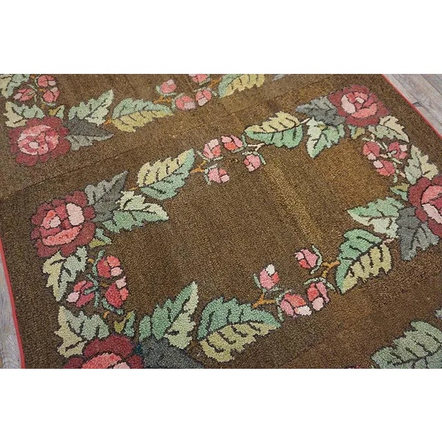 Stately Brown Color Floral Desing Antique American Hooked Rug For Sale - Image 11 of 12