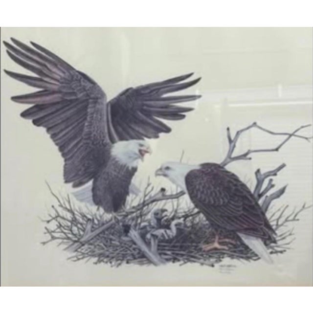 Striking vintage limited-edition wildlife print by Cecil Eakins depicting a pair of American bald eagles at their nest....