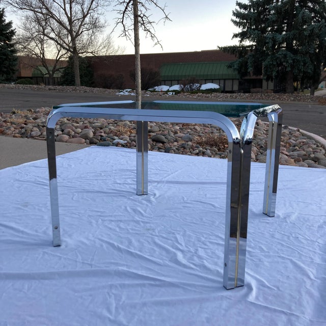 Vintage tube steel and brass with inset glass side, end, or petite coffee table, after Gianfranco Frattini.