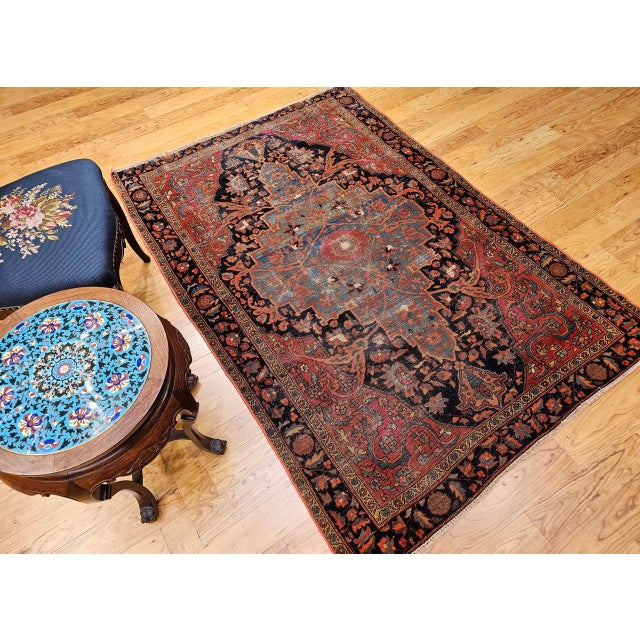 19th Century Persian Farahan Rug, Hand-Knotted Wool, Floral Medallion Design, Blue & Red, 4x6 For Sale - Image 10 of 18