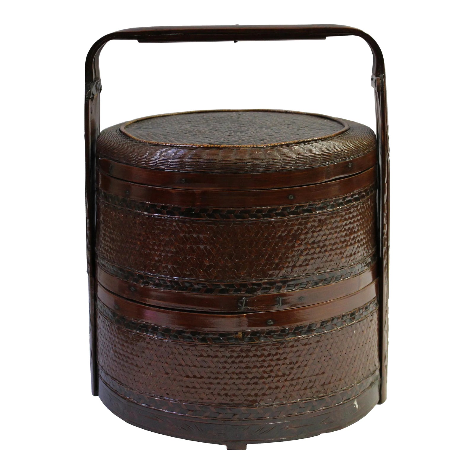 Vintage Oriental Handmade Brown Rattan Stack Basket With Handle | Chairish