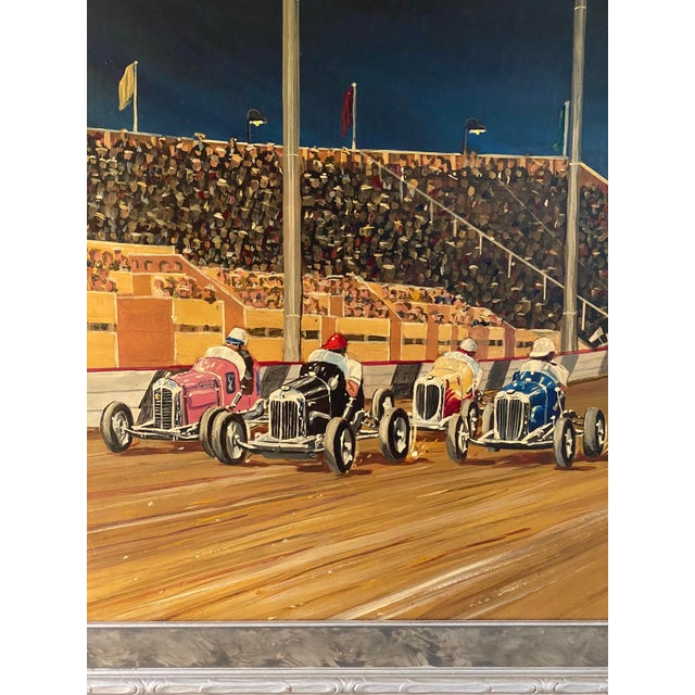 Oil Painting G. Fox Car Race Circa 1930, Framed For Sale - Image 11 of 12