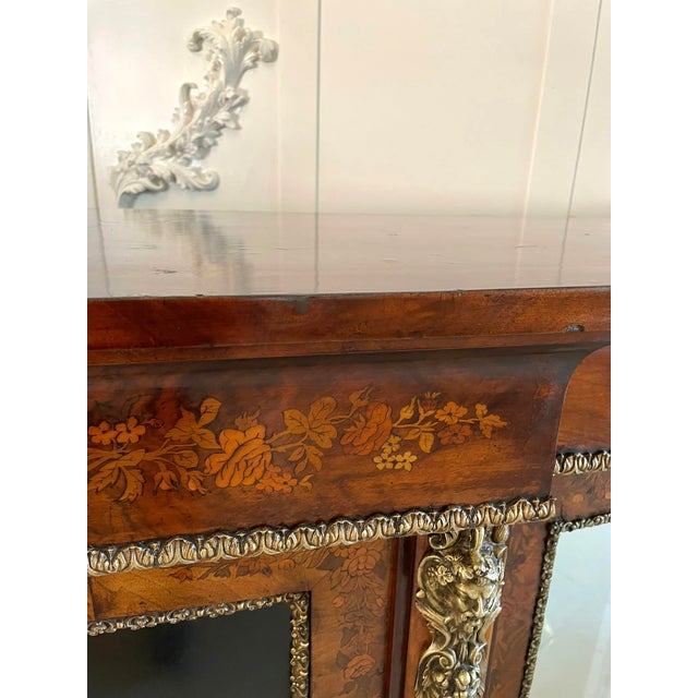 Large Antique Victorian Inlaid Floral Marquetry Burr Walnut Ormolu Mounted Credenza, 1850s For Sale - Image 17 of 18