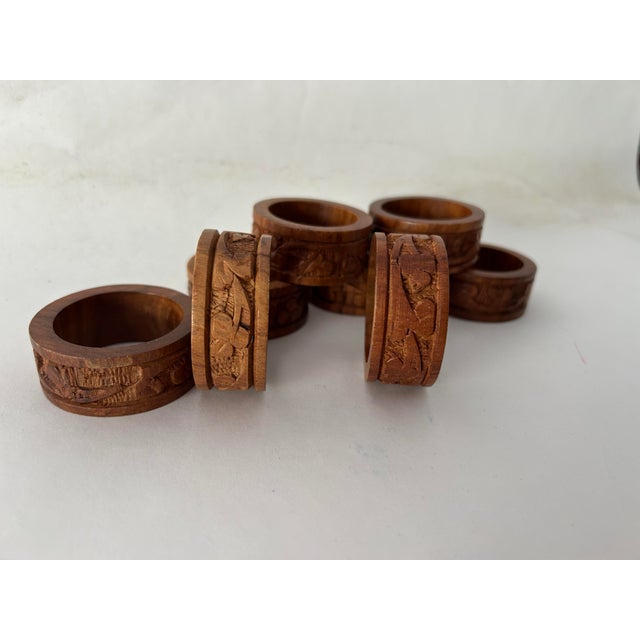 70's Vintage Carved Wood Napkin Rings Set of 8 For Sale - Image 4 of 4