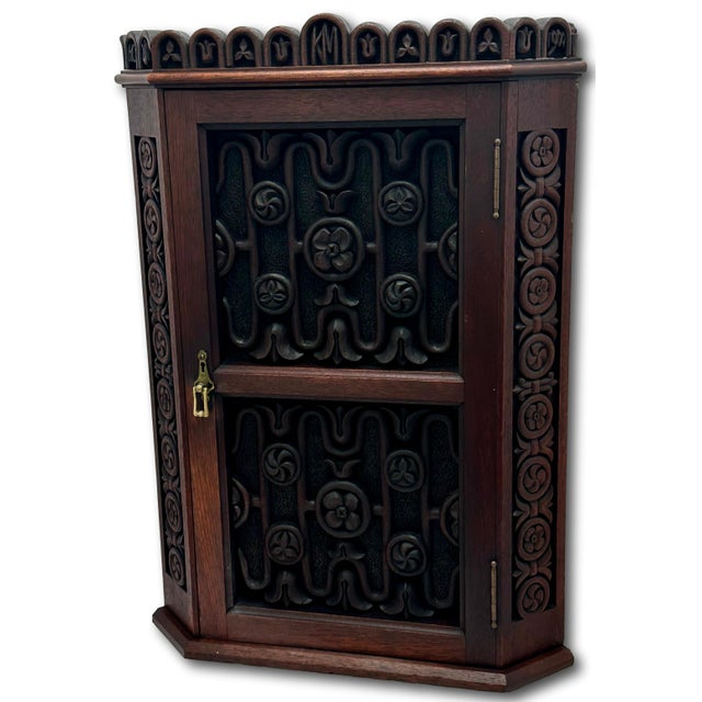 Outstanding Antique Beautifully Hand Carved Solid Mahogany Wall Hanging Corner Cabinet - Signed & Dated 1900 For Sale - Image 9 of 18
