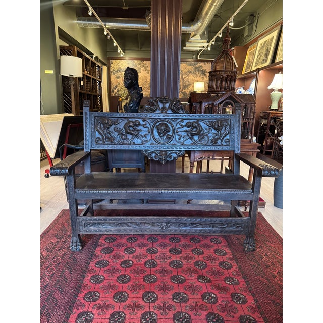 Antique Italian Renaissance Revival Carved Wood Bench With Figural Motifs & Paw Feet For Sale - Image 4 of 5