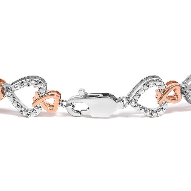 Contemporary 10K Rose Gold Plated Sterling Silver 1/4 Cttw Diamond Heart Link Bracelet For Sale - Image 3 of 4