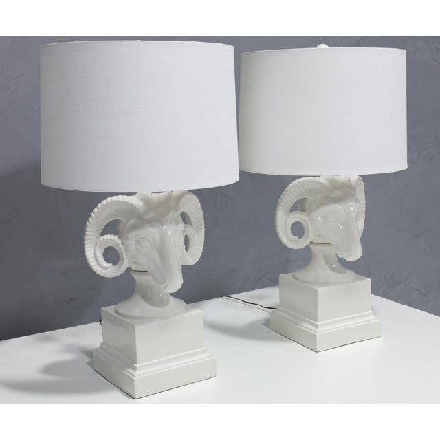 1960s Chapman White Ceramic Ram Head Lamps - a Pair For Sale - Image 9 of 9