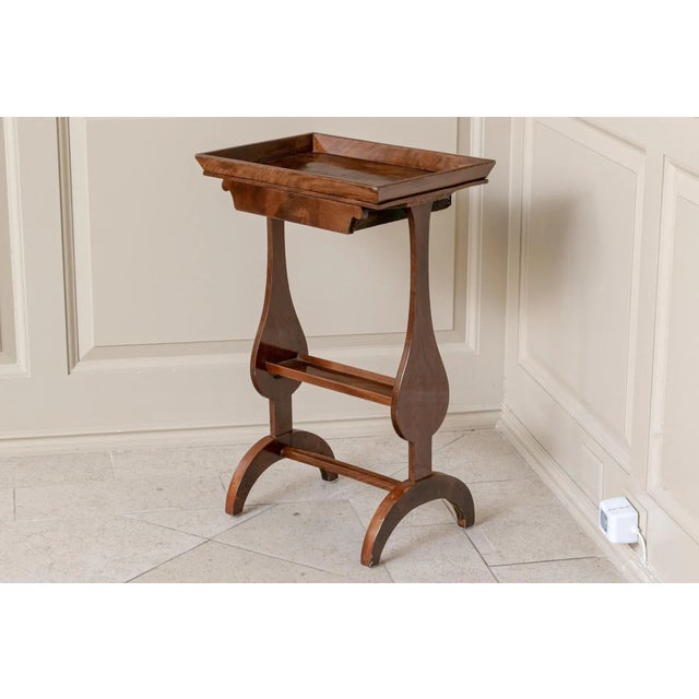 French mahogany occasional side table with a tray-like top surface, single drawer, lovely shaped sides, narrow lower shelf...