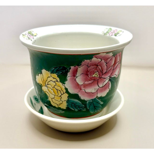 Petite vintage Chinese planter with water tray. This is a vintage Chinese hand-painted porcelain planter, featuring a deep...