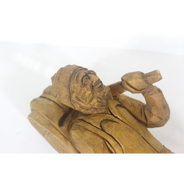 V Fortin 13” Vintage Hand Carved Wood Hunter Trapper Winter Traveller French Canadian Folk Art, Figurine, Signed Wood Carving Quebec Man For Sale - Image 14 of 16