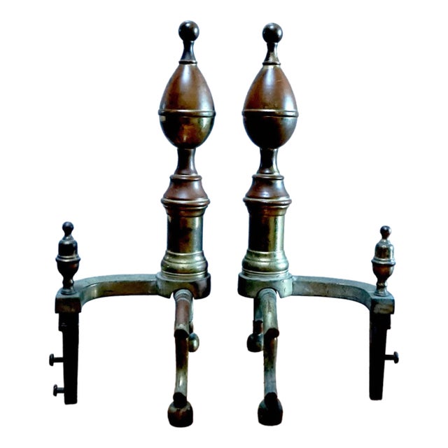 19th Century Lemon Top Antique Brass and Iron American Andirons For Sale
