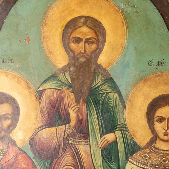 Pair of Antique Original Painted Russian Icons Painted on Wood Panels, Circa 1900's For Sale - Image 4 of 7