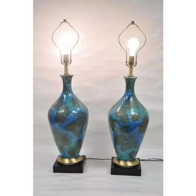 Mid 20th Century Mid Century Italian Modern Blue Glazed Ceramic Pottery "Earth" Table Lamp - Pair For Sale - Image 5 of 10