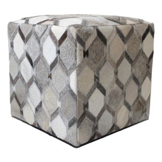 Handmade Diamond Patchwork Cowhide Leather Ottoman Pouf 18x18x18 in Neutral For Sale