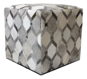 Handmade Diamond Patchwork Cowhide Leather Ottoman Pouf 18x18x18 in Neutral