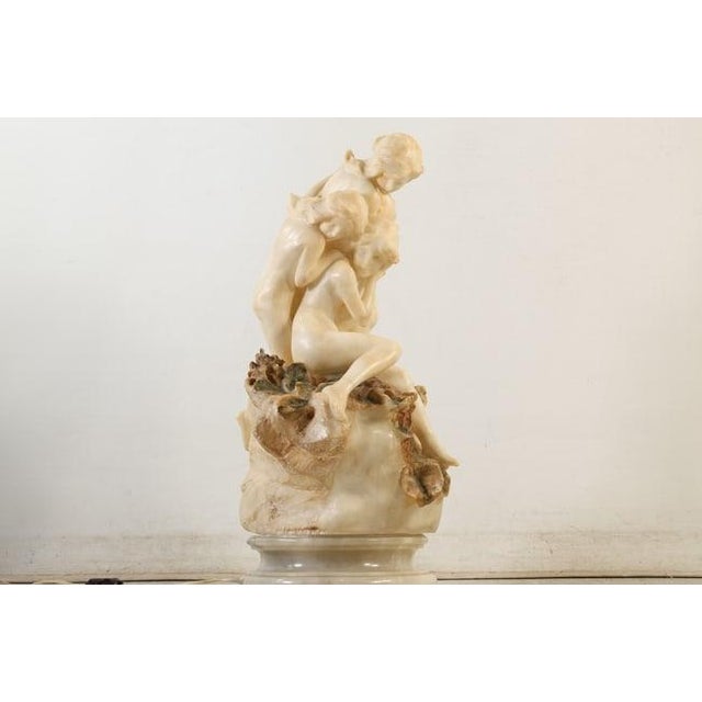 Art Nouveau Quality Circa 1920's Large Alabaster Lamp of 4 Nymphs Cuddled Together, Lamp on Electrified Base For Sale - Image 3 of 18