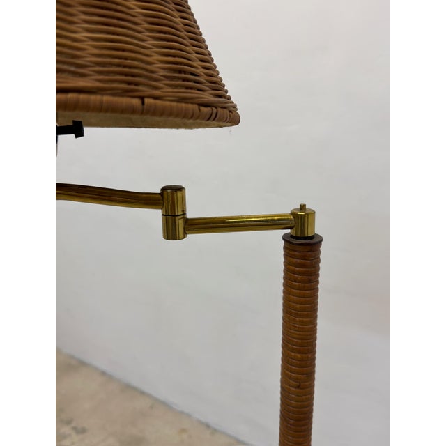 Mid-Century Brass and Rattan Wrapped Floor Lamp With Wicker Shade, 1960s For Sale - Image 10 of 12