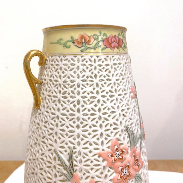 Antique Chinese Reticulated Porcelain Hand Painted Floral Vase Gold Gild For Sale In Charleston - Image 6 of 11