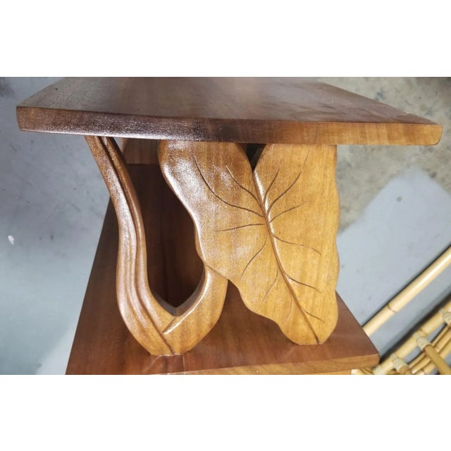 1950s 1950s Restored Hand Carved Calla Lily Koa Wood Side Table Set of 3 For Sale - Image 5 of 11