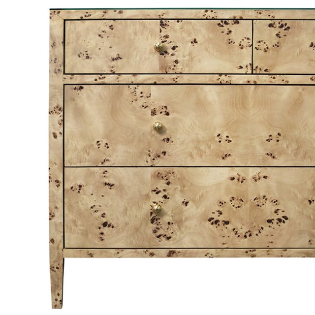 2020s Matthew Izzo Home Michelle Light Burlwood Four Door Chest With Glass Top and Brass Knobs For Sale - Image 5 of 9