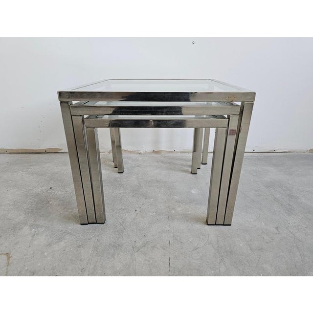 Glass Mid-Century Modern Nesting Tables in Chrome with Glass Tops, 1970s, Set of 3 For Sale - Image 7 of 10