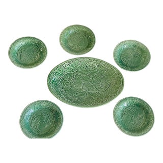 1970s Bordallo Pinheiro Vine Leaves Platter + 5 Salad Plates For Sale