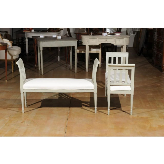 Italian 1890s Painted Wood Classical Bench with Scrolling Arms and Upholstery For Sale - Image 10 of 12