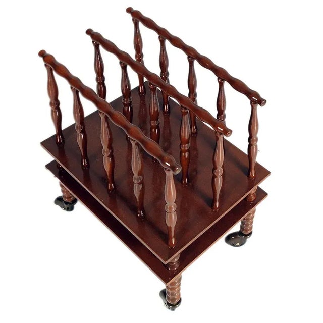 Walnut Magazine Rack with Spool Legs on Swivel Wheels, 1920s For Sale - Image 3 of 7