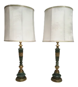 Pair of Japanese Bronze & Marble Column Table Lamps With Original Shades