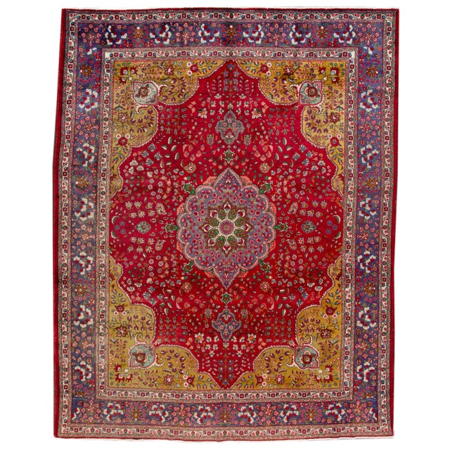 Textile 1920s Medallion Handmade Antique Persian Tabriz Wool Rug With Red Field For Sale - Image 7 of 7