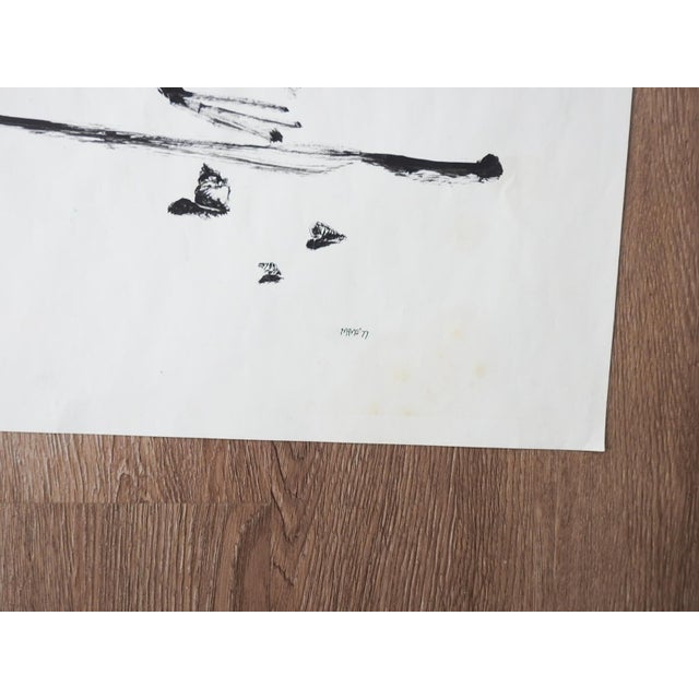 1977 modernist ink drawing onpaper of a shore bird on the beach with shells and butterfly. Signed M Mc and dated lower...